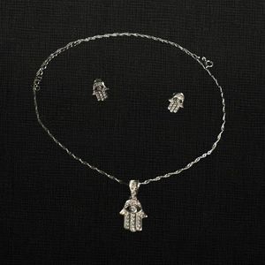 925 Sterling Silver Handmade Hamsa Hand Charm Pendant Necklace and Earring Set